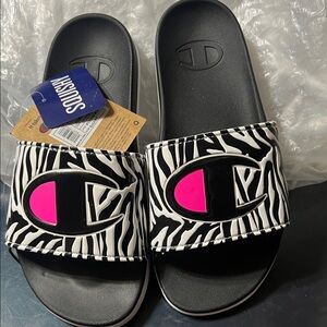 Champion Black and White Zebra Slides with Pink Detail